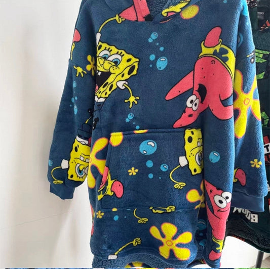 Fleece Hooded Oversized Blanket For Boys Featuring A Vibrant Yellow Porous Character and Video Game Print With Front Pocket And Long Sleeves