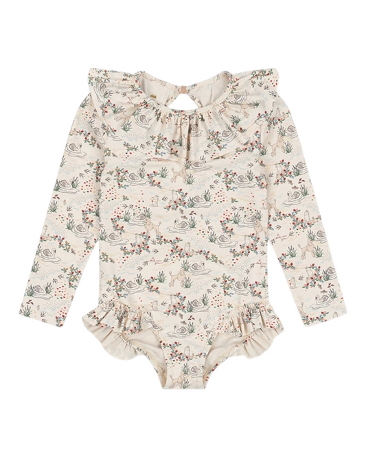 Long-Sleeved One-Piece Swimsuit with Ruffles