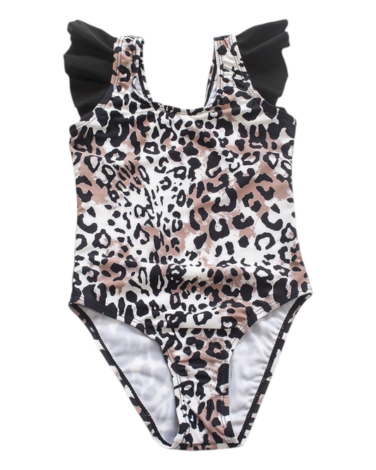One-Piece Leopard Print Swimsuit with Black Ruffles
