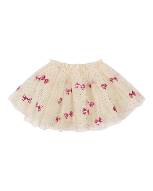 Cream Tulle Skirt with Sequin Bow Pattern