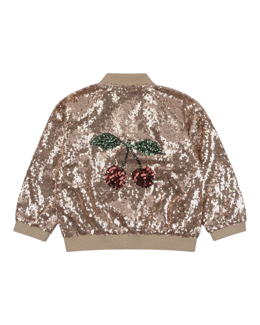 Toddlers Rose-Gold Sequin Bomber Jacket with Cherries on Back