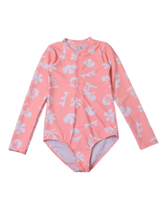 Long-Sleeved Pink Patterned Swimsuit with Zipper