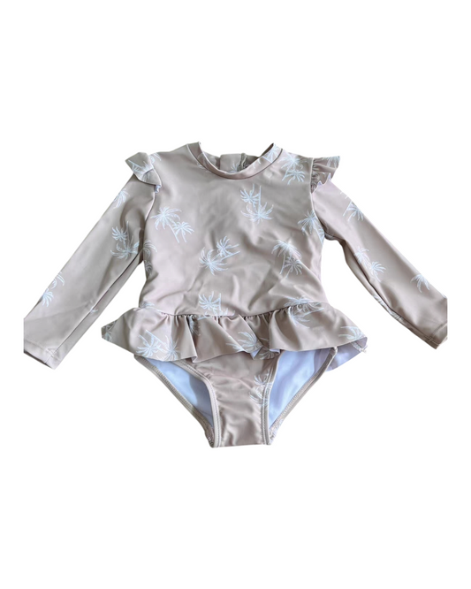 Beige Long-Sleeved Swimsuit with Ruffles