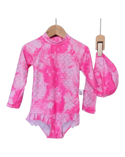 Mermaid Scale Patterned Long-Sleeved Swim Suit Set