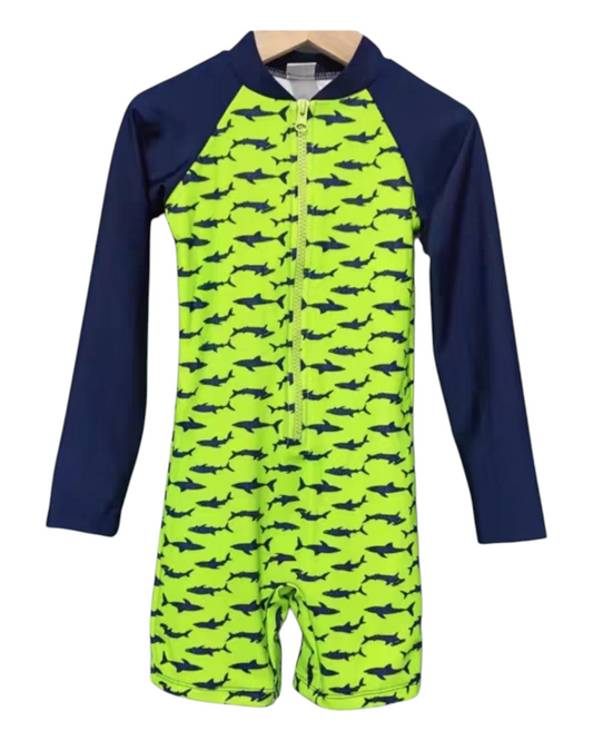 Neon Green Long-Sleeved Swimsuit with Shark Pattern