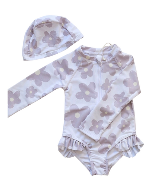 Long-Sleeved Swim Suit with Swim Cap Set