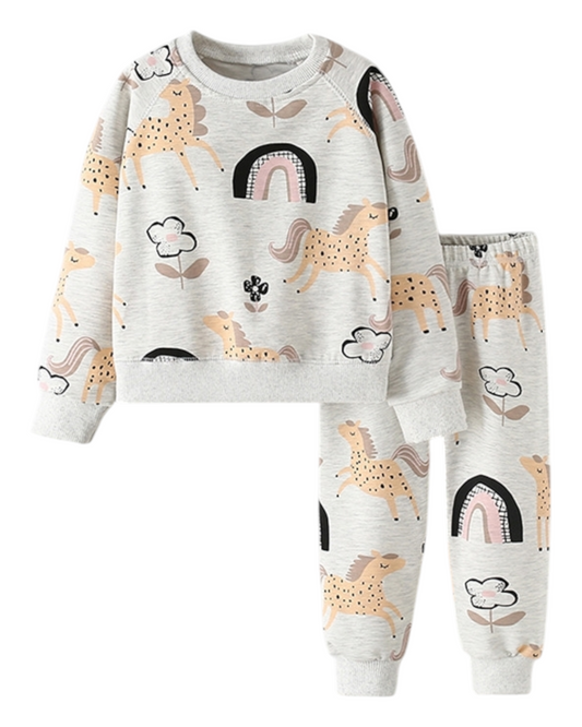 Light Grey Horse-Patterned Matching Pyjama Set