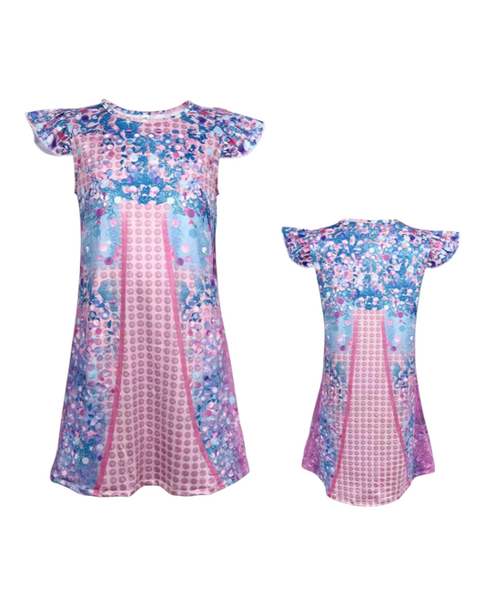 Pink and Blue Patterned Taylor Swift Ruffle Sleeved Dress