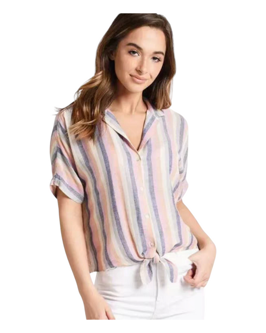 Striped Short-Sleeved Shirt with Front Tie