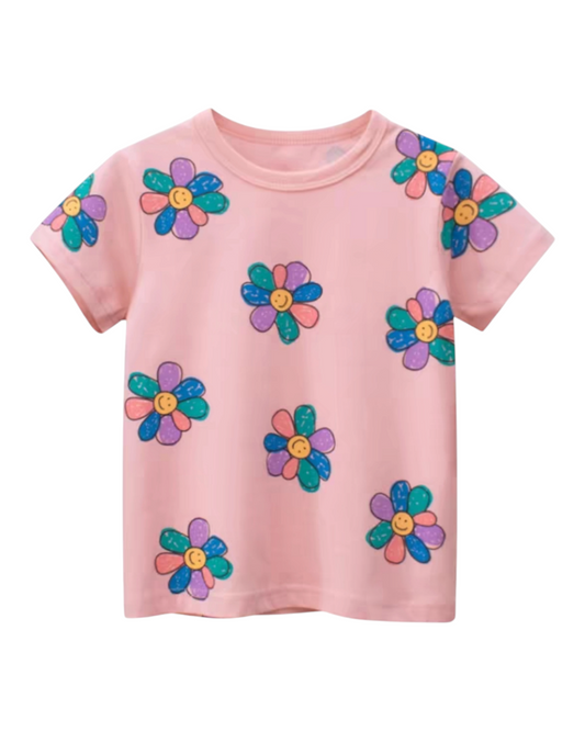 Pink T-Shirt with Rainbow Flower Pattern