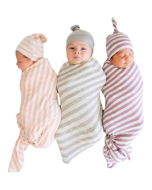 Striped Cotton Baby Wrap Blanket with Matching Hat