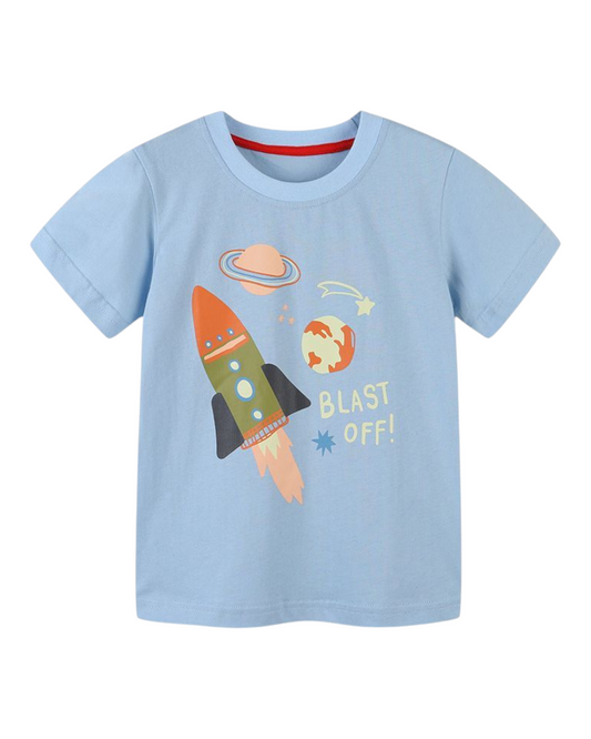 Blue T-Shirt with Space Rocket Pattern