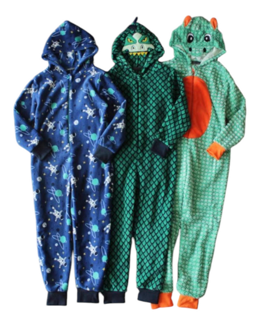 Boys' Hooded Patterned Fluffy Zip-Up Onesies