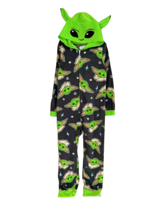 Long-Sleeved Hooded Onesie with Baby Yoda Pattern