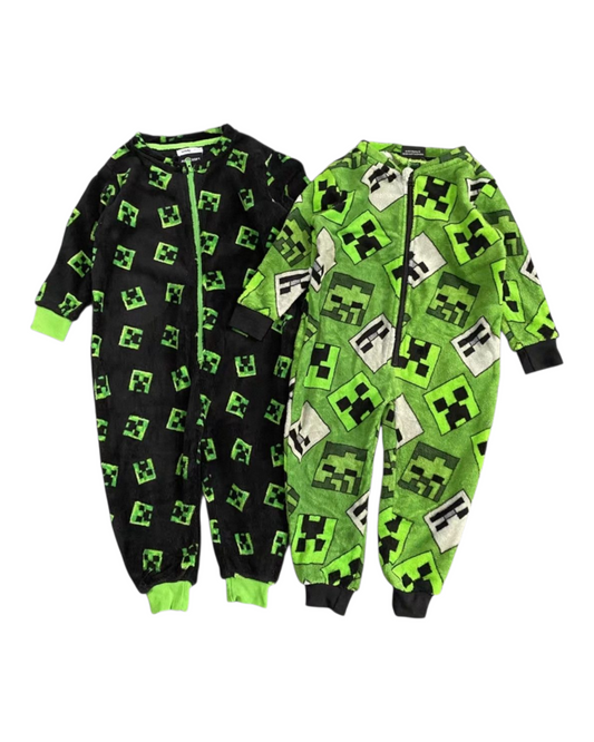 Green Long-Sleeved Onesie with Minecraft Pattern