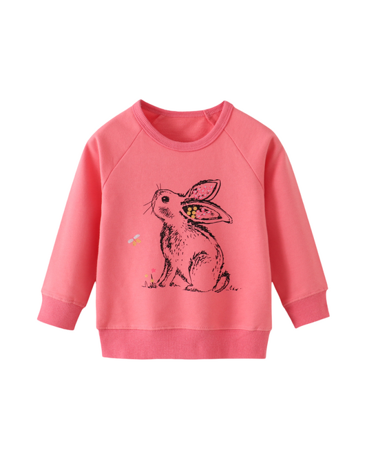 Pink Rabbit Print Sweatshirt Girls Long Sleeve Crew Neck Top