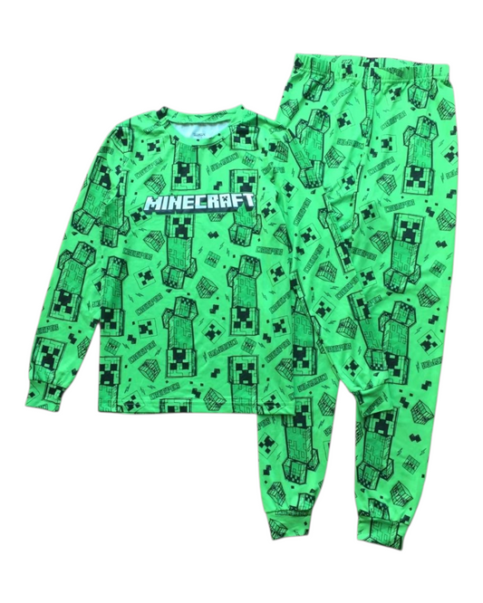 Patterned Minecraft Green Long-Sleeved Pyjama Set
