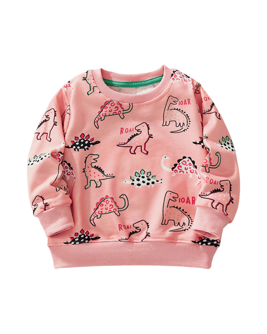 Long Sleeve Dinosaur Print Sweatshirt For Girls Featuring Ribbed Cuffs and Hem