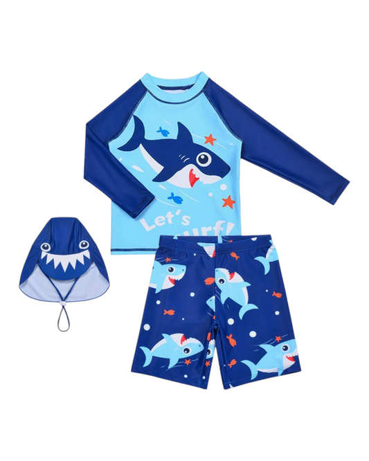 Shark Patterned Three-Piece Swim Outfit Set with Hat