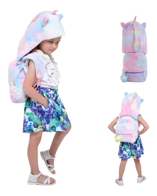 Hooded Plush Rainbow Unicorn School Backpack