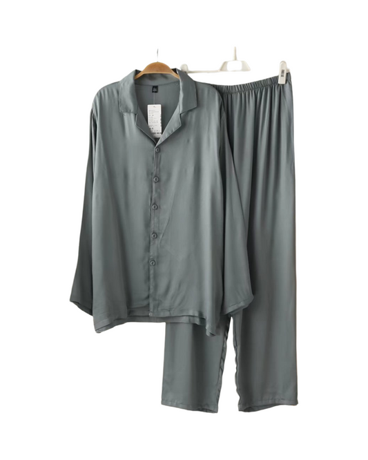 Button-Up Silk Sleepwear Adult Matching Long Top and Pants Pajama Set