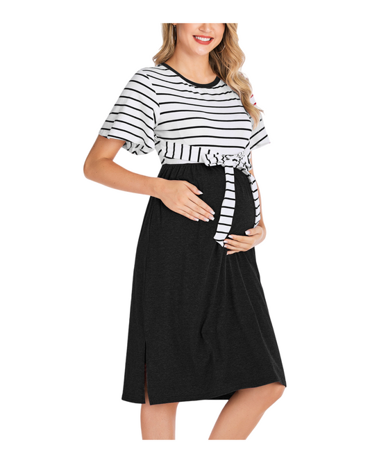 Striped Short-Sleeve Maternity Women's Midi Dress with Tie Detail