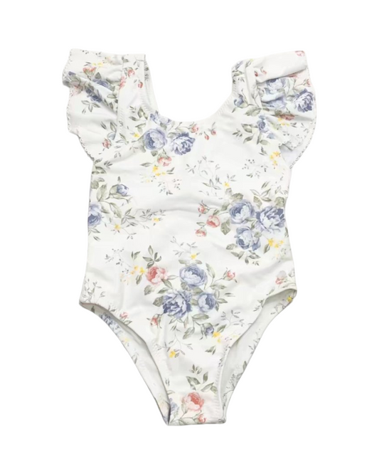 Swimsuit with Ruffled Collar and Flower Pattern