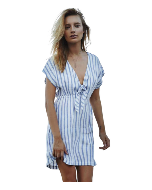 Short-Sleeved Linen Summer Dress with Striped Print