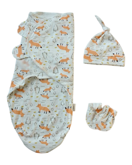 Newborn Baby Patterned Swaddle Outfit Set with Hat and Socks