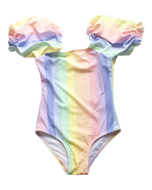 One-Piece Patterned Swimsuit with Puffed Sleeves