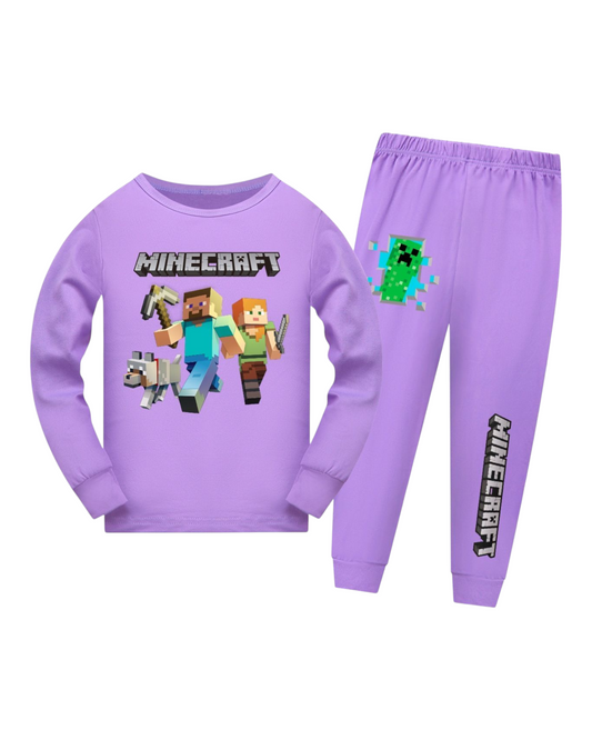 Girls' Long-Sleeved Pyjama Set with Minecraft Pattern