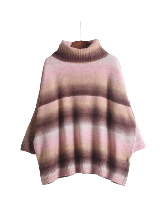 Cozy Striped Turtleneck Sweater - Women's Loose Fit Knit Pullover with Batwing Sleeves