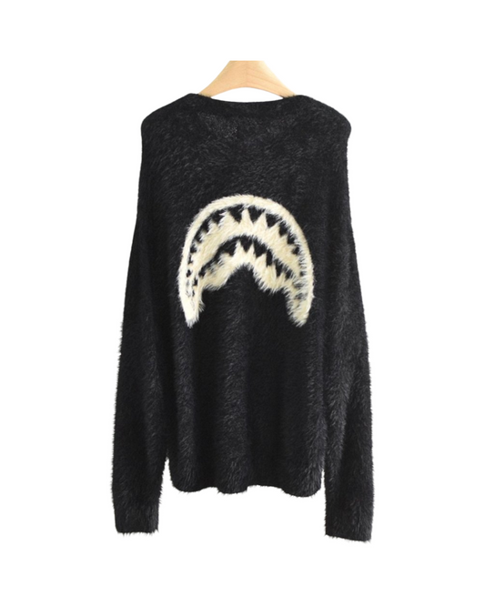 Oversized Black Knit Cardigan Sweater - Men's Gothic Tooth Print Streetwear Tops