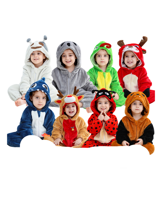 Fluffy Animal Hooded Jumpsuit for kids Featuring Cartoon Characters and Front Zipper
