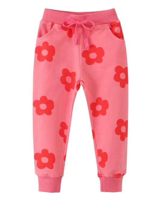 Coral Pink Track Pants with Flower Pattern