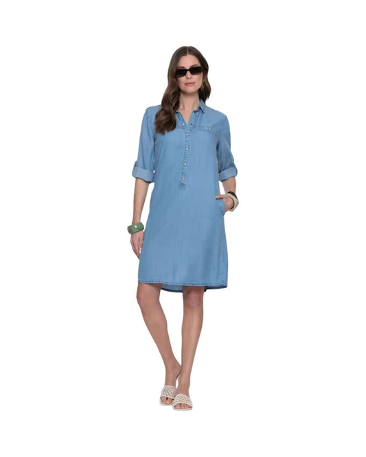 Lightweight Denim Shirt Dress with Roll-Up Sleeves and Button Placket