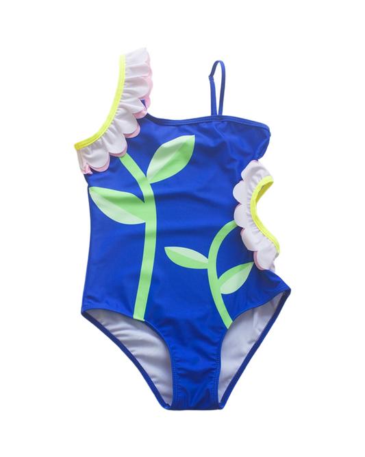 Sunflower Print One-Piece Girls Swimsuit with Ruffle Detail
