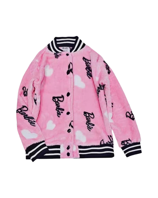 Barbie Pink Girls All Over Print Plush Varsity Bomber Jacket