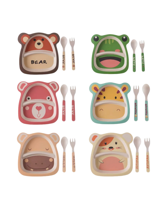Non-Slip Silicone Animal Toddler Mealtime Set – 3-Piece Divided Plate with Matching Cutlery Set