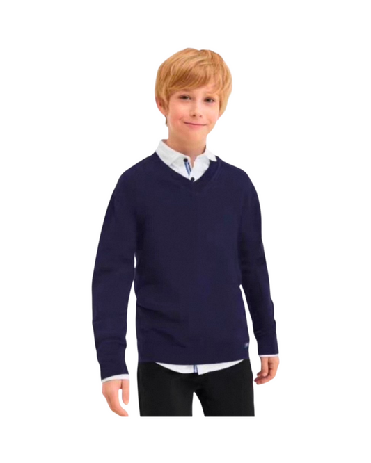 Classic Navy Blue Boys V-Neck Knit Sweater – Formal & School Uniform Pullover