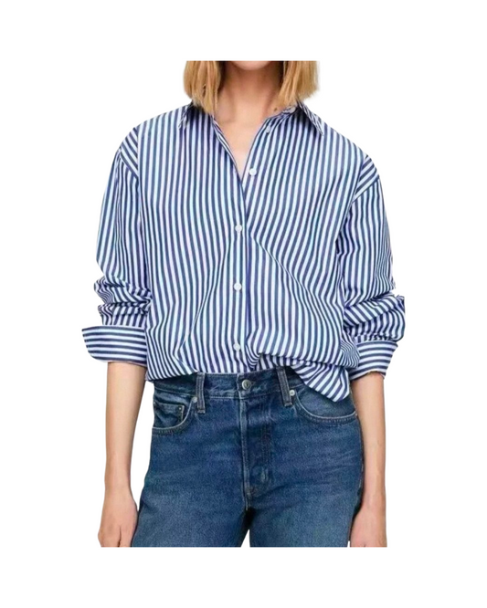 Oversized Blue and White Striped Button-Up Women's Shirt