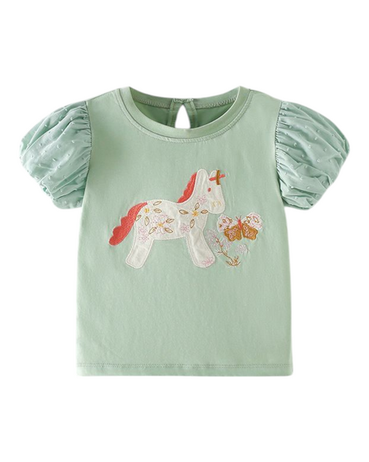 Green Unicorn T-Shirt with Puffed Sleeves