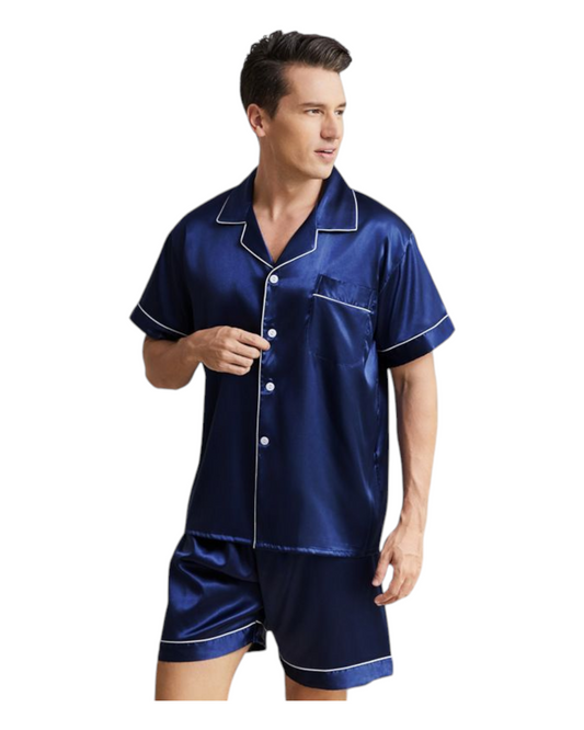 Men's Short-Sleeved Shirt and Shorts Silk Pyjama Set