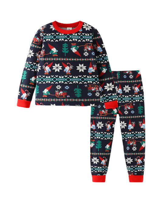 Festive Holiday Gnome Print Pajama Set for Kids Featuring Long Sleeves and Cuffs