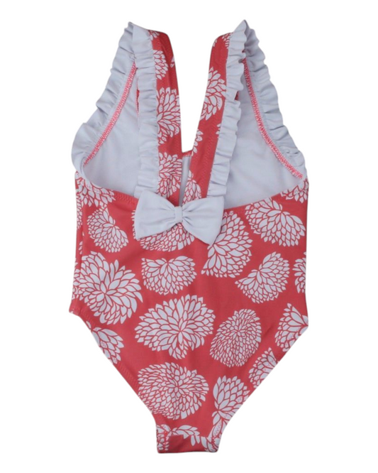 One-Piece Red and White Patterned Swimsuit with Ruffles