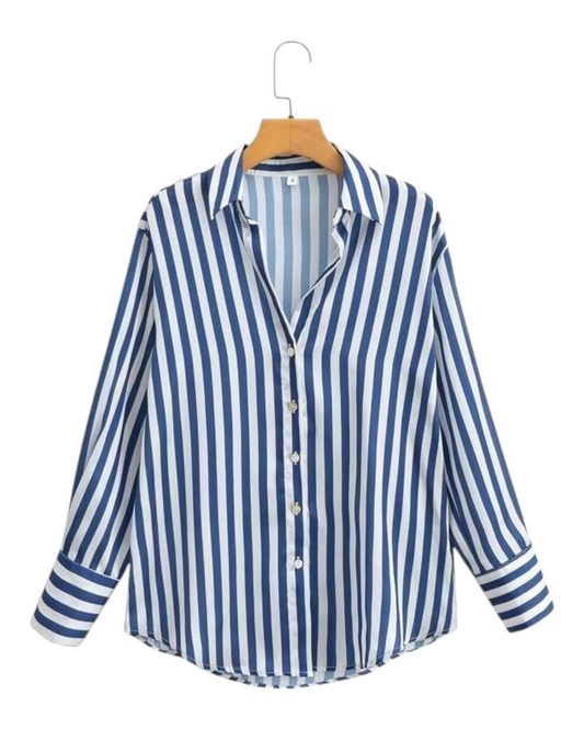 Oversized Blue and White Striped Button-Up Women's Shirt