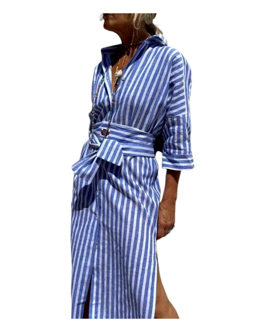 High Split Long Button-Up Shirt Dress
