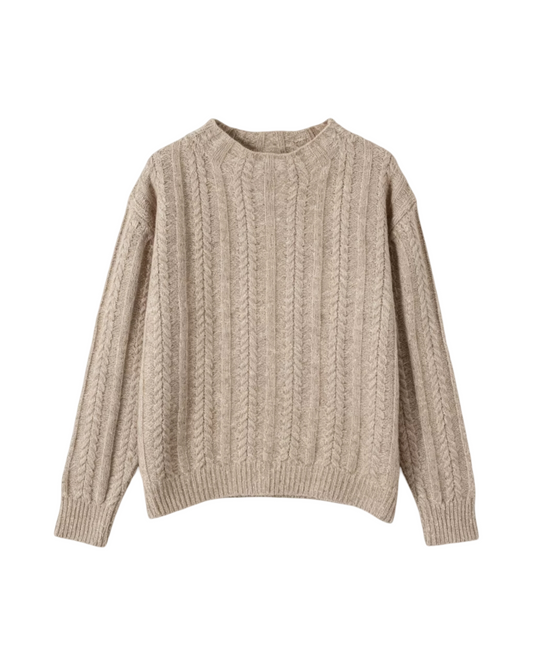Beige Cable Knit Crew Neck Long Sleeve Sweater