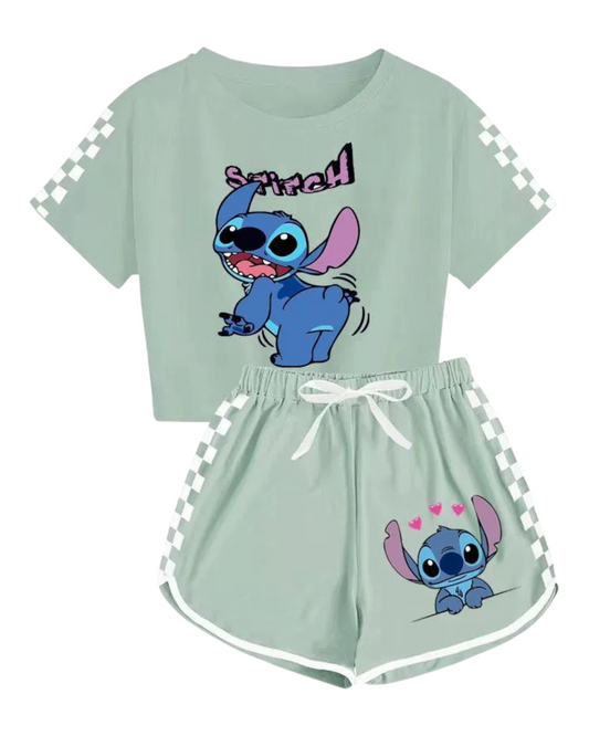 Kids Stitch Cartoon Print T-Shirt with Shorts Set