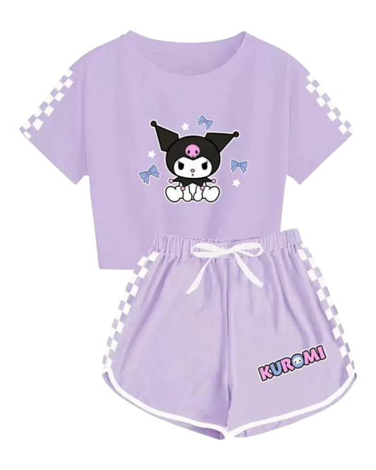 Girls Kuromi Cartoon Print T-Shirt with Shorts Set